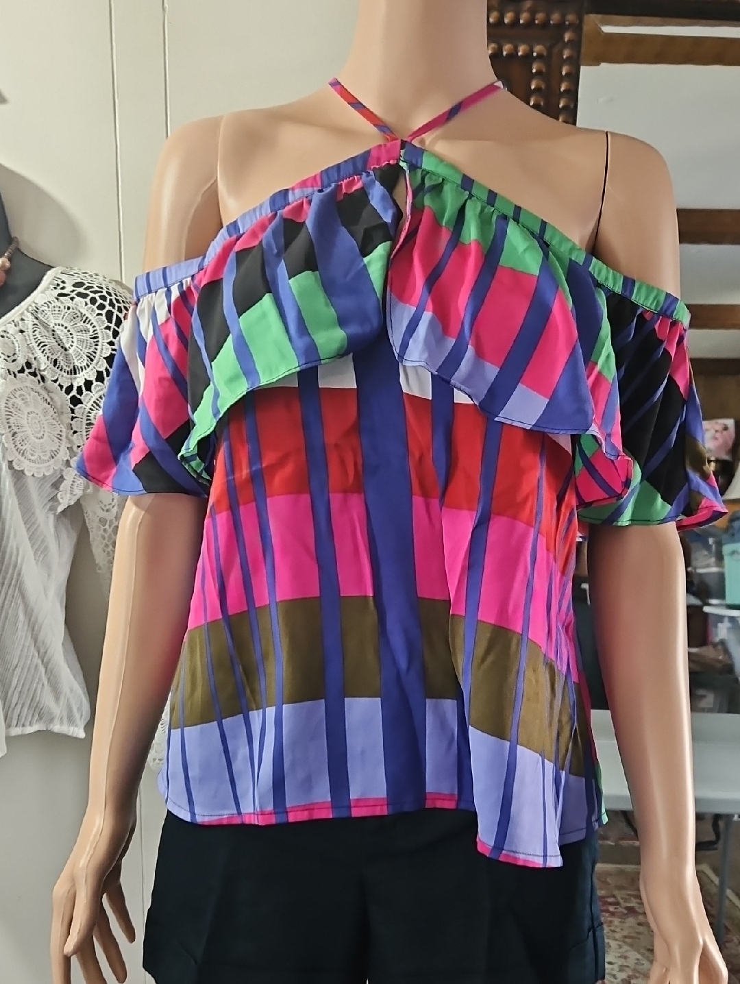 Express Multicolor Striped Off-Shoulder Halter Camisole With Ruffle